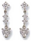 Gold drop earrings Clear zirconium High polish 9ct white gold Heart hinged three round 24mm h, 2.7 grams.