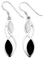 Silver drop earrings Mother of pearl Onyx High polish Sterling Silver Curves cutout inset jewels