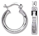 Silver hoop earrings High polish Sterling Silver Clear zirconium Channel set jewels 18mm, 3.1 grams.