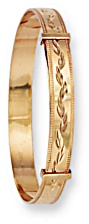Gold bangle High polish 9ct gold Babies 5mm rectangle patterned adjustable, 4.3 grams.