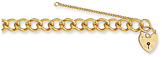 Gold bracelet High polish 9ct gold 9.7mm width charm carrier with safety chain, 28 grams.