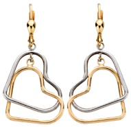 Gold drop earrings High polish 9ct white and yellow gold Heart within heart 37mm height, 2.5 grams.