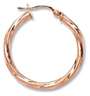 Gold hoop earrings High polish 9ct rose gold Round twist 25mm diameter, 1.1 grams.