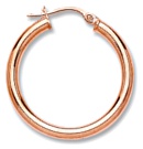 Gold hoop earrings High polish 9ct rose gold Round tube 25mm diameter, 1.3 grams.