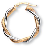 Gold hoop earrings High polish 9ct white and yellow gold Knurled and plain white twist 28mm, 2.1 grams.