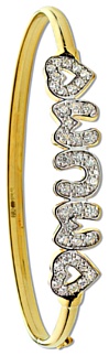 Gold bangle High polish 9ct gold Clear zirconium MUM 9mm hearts 61mm by 54mm internal, 6 grams.